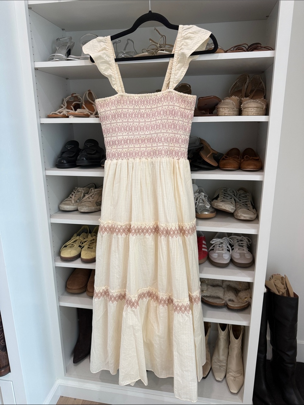 Madewell Cream Tiered Smocked Sundress with Pink Detail
